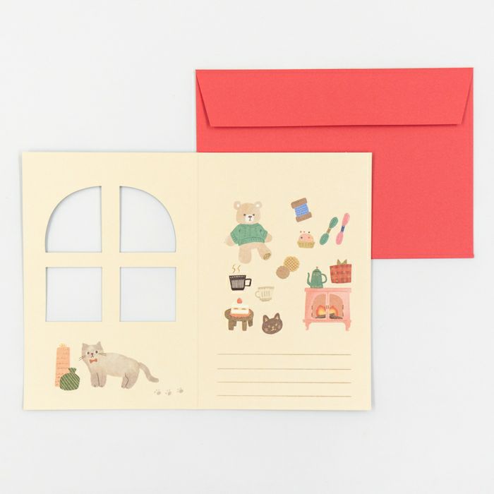 Illustrated card with cute illustrations and a red envelope on a light gray background