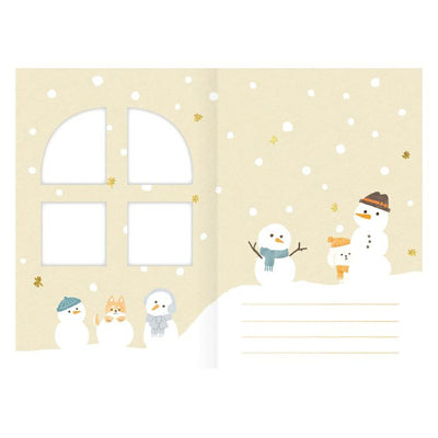 Illustration of snowmen and a dog on a snowy background with a window.