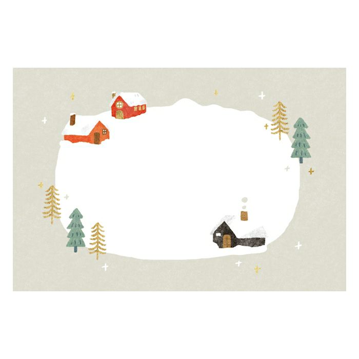 Illustration of a snowy landscape with houses and trees on a beige background