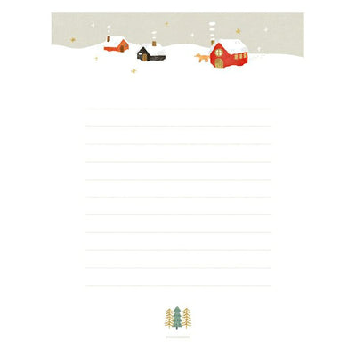 Notepad with a winter scene design featuring houses and trees on a white background