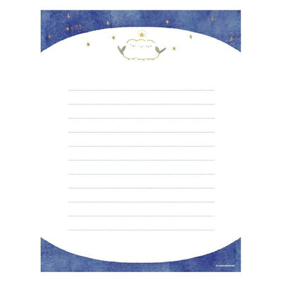 Lined paper with decorative blue border and star designs on a white background