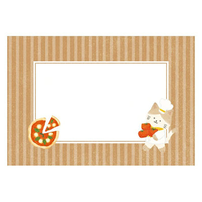 Card with a pizza slice and chef cat illustration on a striped background