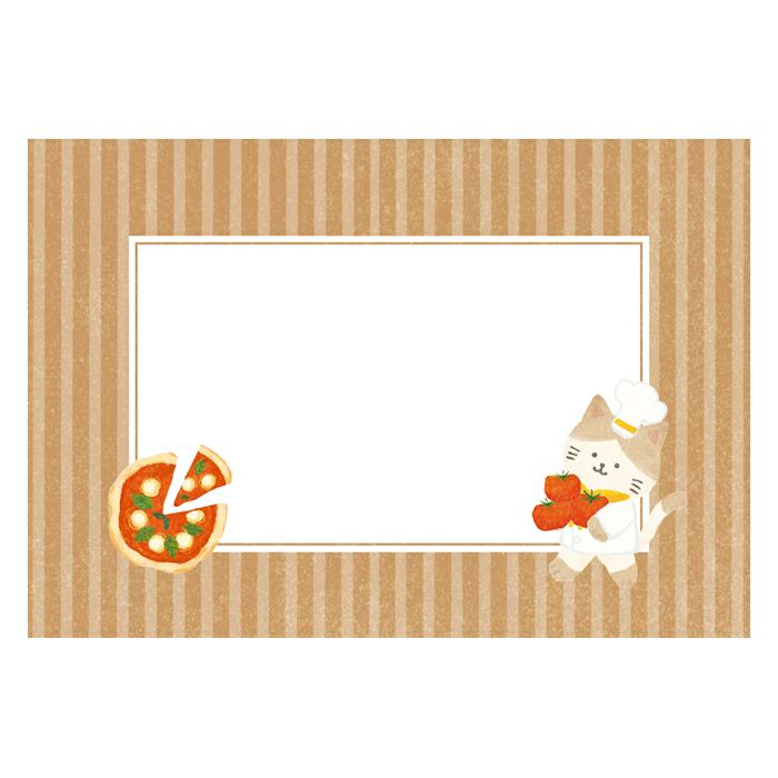 Card with a pizza slice and chef cat illustration on a striped background