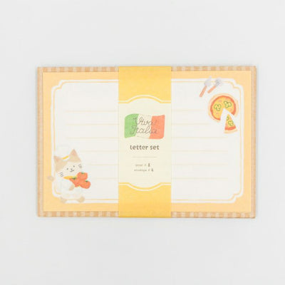 Letter set packaging with a cat illustration on a light gray background