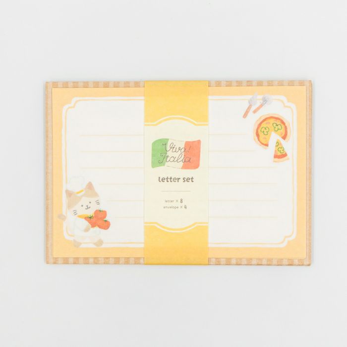 Letter set packaging with a cat illustration on a light gray background