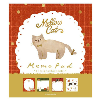 Memo pad with a cat illustration on a red and gold checkered background