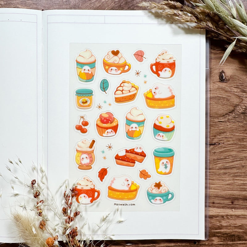 Meowashi Studio - Autumn Ghost Drinks and Desserts Clear Sticker Sheet