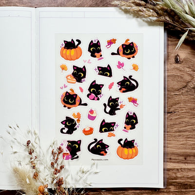 Meowashi Studio - Black Cat and Pumpkin Clear Sticker Sheet