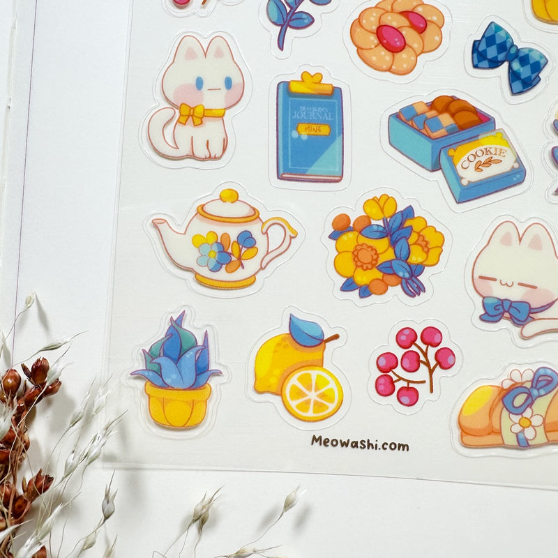 Meowashi Studio - Blue Cat Teatime Clear Sticker Sheet