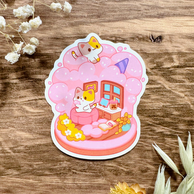 Meowashi Studio - Calico Cat Cotton Candy House Waterproof Vinyl Sticker