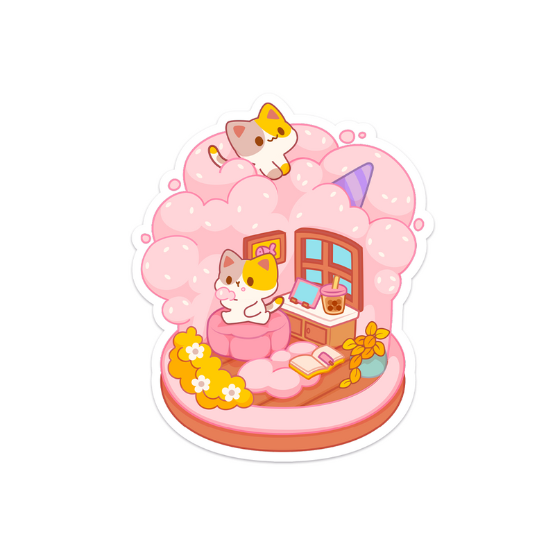 Meowashi Studio - Calico Cat Cotton Candy House Waterproof Vinyl Sticker