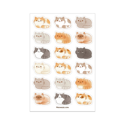 Sheet of cat-themed stickers with various cat illustrations on a white background.