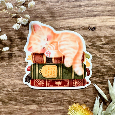 Meowashi Studio - Cat Napping on Books Waterproof Vinyl Sticker