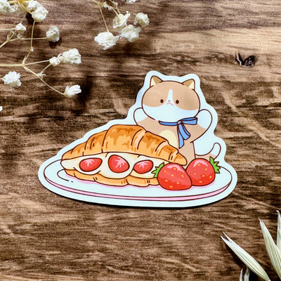 Meowashi Studio - Cat and Strawberry Croissant Waterproof Vinyl Sticker