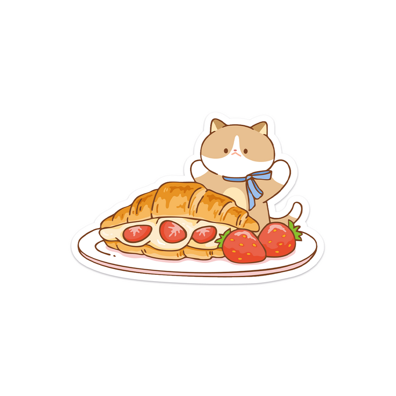 Meowashi Studio - Cat and Strawberry Croissant Waterproof Vinyl Sticker