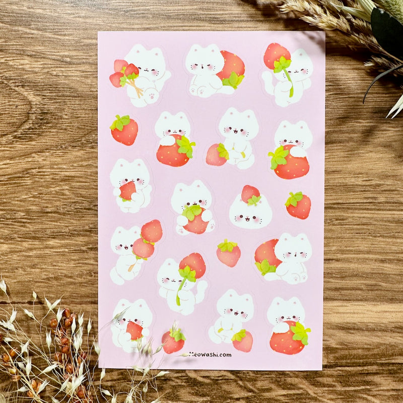 Meowashi Studio - White Cat and Strawberry Vinyl Sticker Sheet