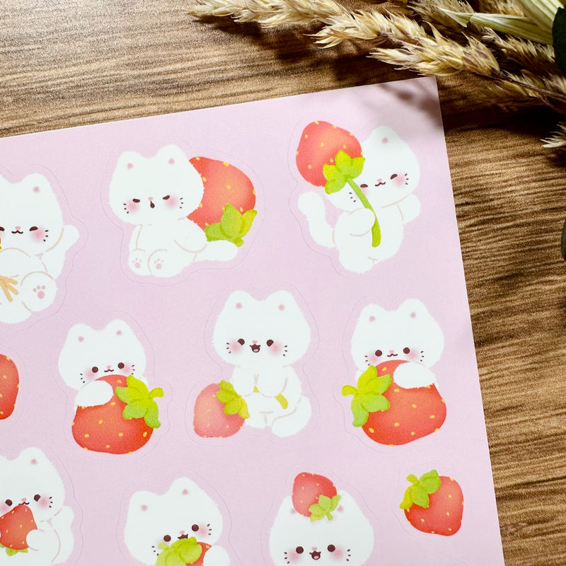 Meowashi Studio - White Cat and Strawberry Vinyl Sticker Sheet