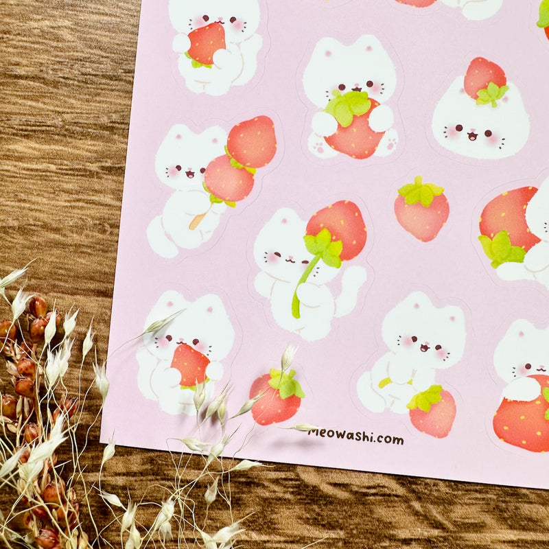 Meowashi Studio - White Cat and Strawberry Vinyl Sticker Sheet