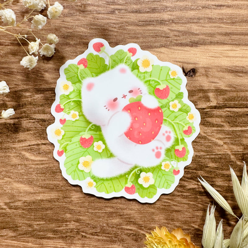 Meowashi Studio - White Cat and Strawberry Waterproof Vinyl Sticker