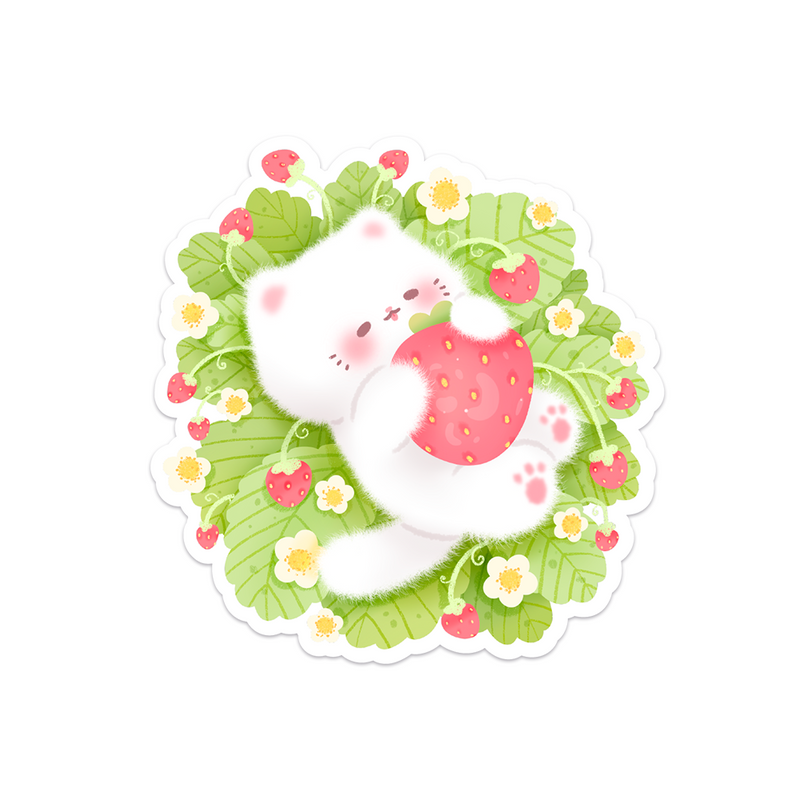 Meowashi Studio - White Cat and Strawberry Waterproof Vinyl Sticker