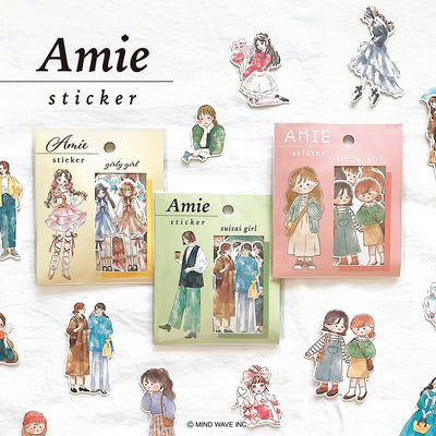 Amie sticker packaging with illustrated characters on a white background