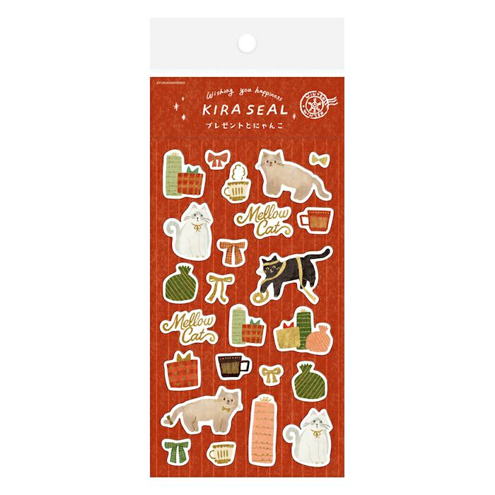 Furukawashiko Winter Limited Edition Gold Foil Sticker - Present and Kitten QS338