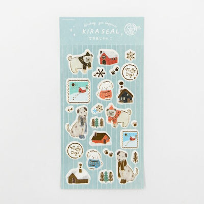 Furukawashiko Winter Limited Edition Gold Foil Sticker - Snowy Scenery and Dog QS340