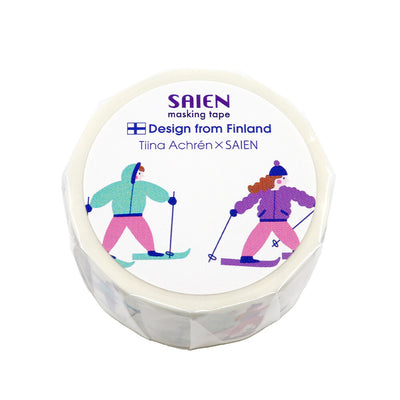 Roll of SAIEN masking tape with illustrations of people skiing on a white background