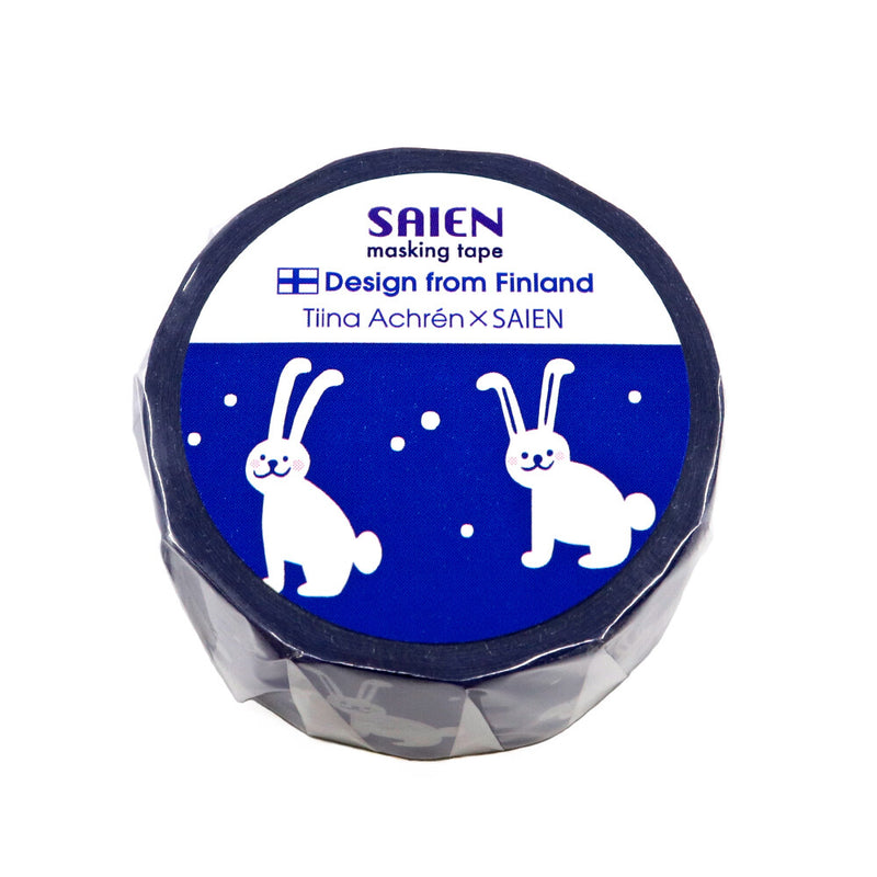 Roll of SAIEN masking tape with rabbit design on a blue background