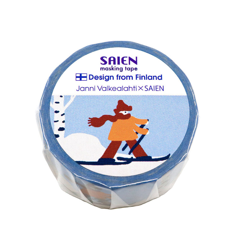 Masking tape with a design of a person skiing, featuring the brand &