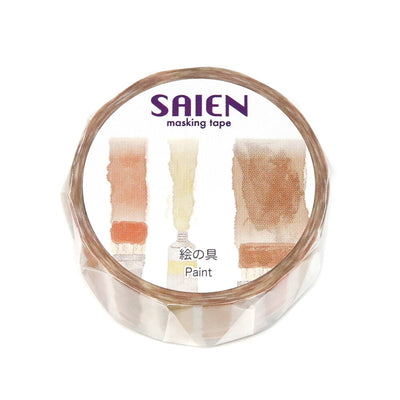Roll of SAIEN masking tape with paint swatches on a white background