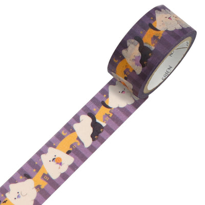 Decorative tape with cartoon ghost design on a purple background