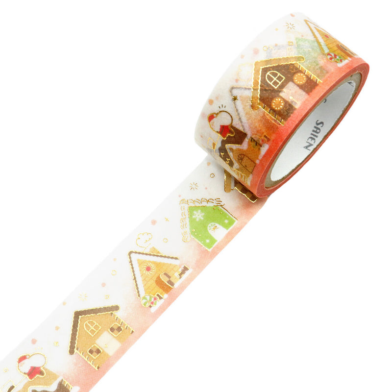 Decorative tape with gingerbread house designs on a white background