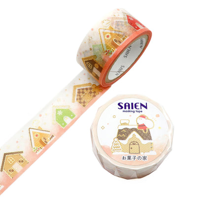 Decorative tape with house designs and 'SAIEN' branding on a white background