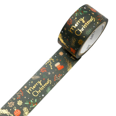 Roll of decorative tape with 'Merry Christmas' text and festive designs on a white background