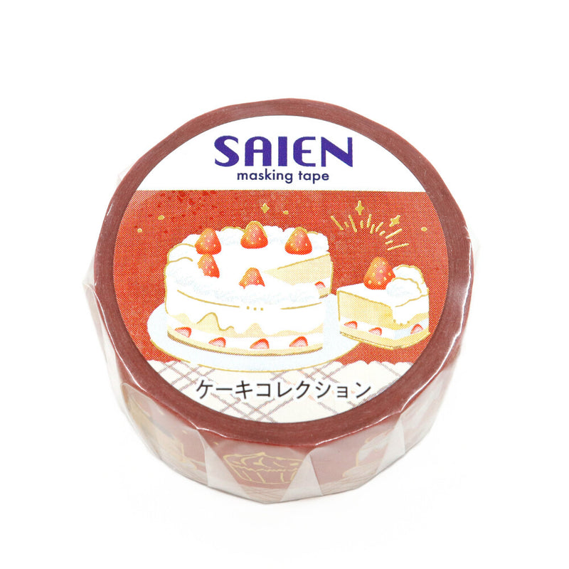 Roll of SAIEN masking tape with cake design on a white background