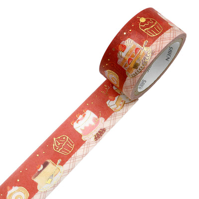 Decorative tape with cake illustrations on a red background