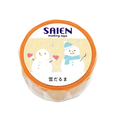 Roll of SAIEN masking tape with cartoon snowmen design on a white background