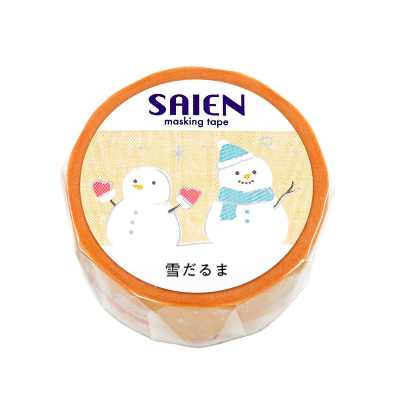 Roll of SAIEN masking tape with cartoon snowmen design on a white background