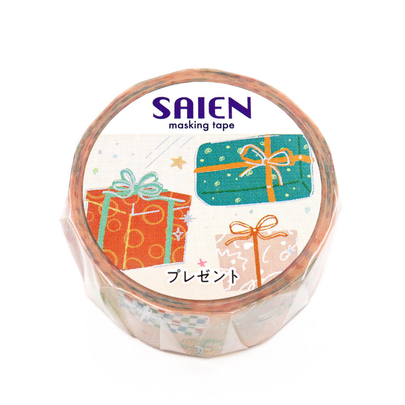 Roll of SAIEN masking tape with gift box designs on a white background