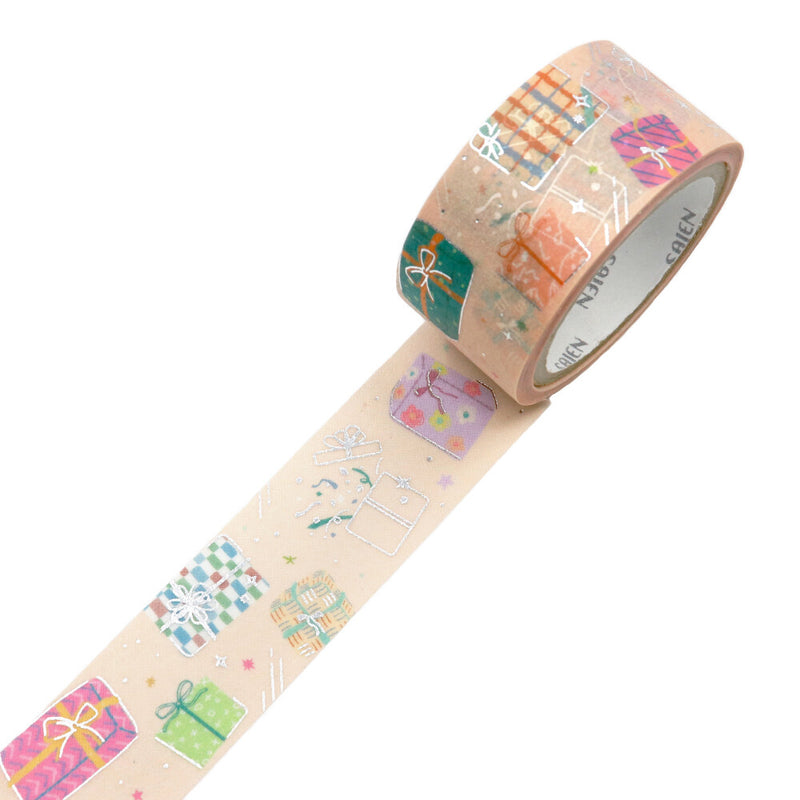 Decorative tape with gift box pattern on a white background