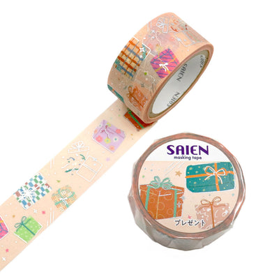 Decorative tape with gift box design and 'SAIEN' branding on a white background