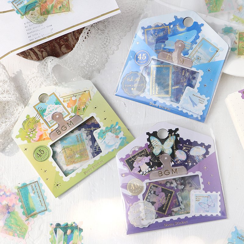 BGM Postage Stamp Gold Foil Washi Sticker Flakes - Galaxy Tour