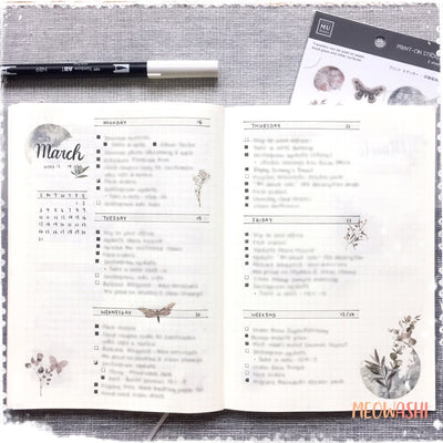 Bullet journal weekly spread decorated with MU print-on sticker BPOP-001066