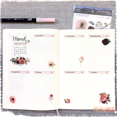 Bullet journal weekly spread decorated with MU print-on sticker BPOP-001054
