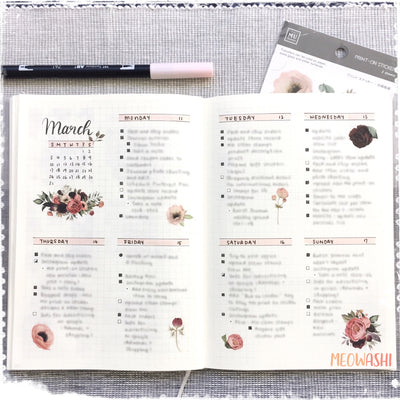 Bullet journal weekly spread decorated with MU print-on sticker BPOP-001054
