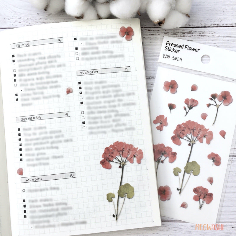 Bullet journal daily log decorated with Appree pressed flower sticker - Geranium APS-009