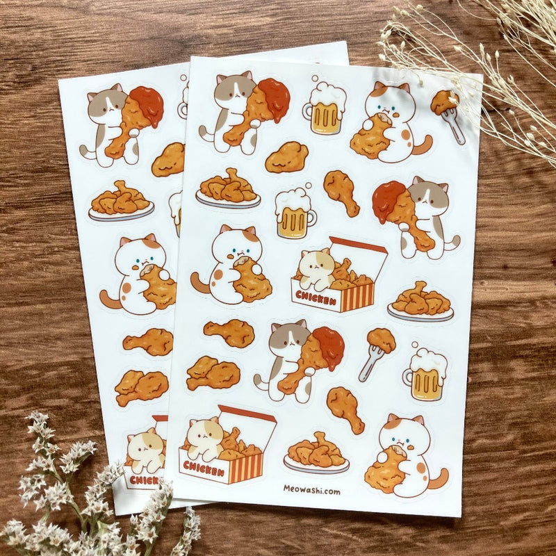 Meowashi Studio - Cat and Fried Chicken Vinyl Sticker Sheet 