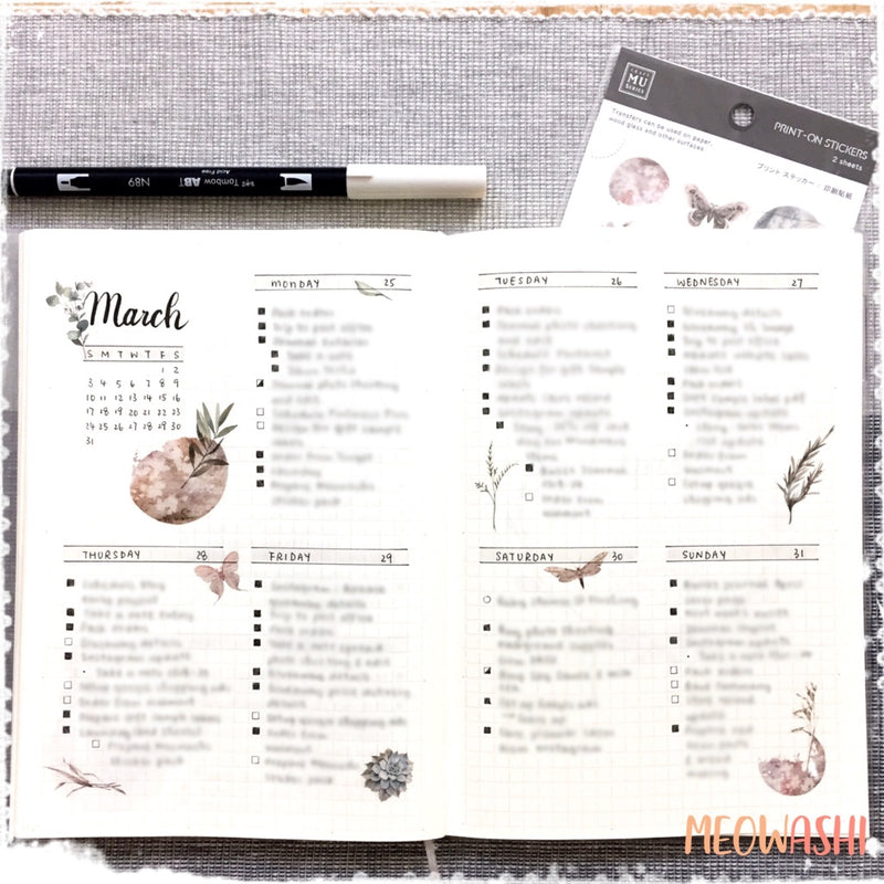 Bullet journal weekly spread decorated with MU print-on sticker BPOP-001066