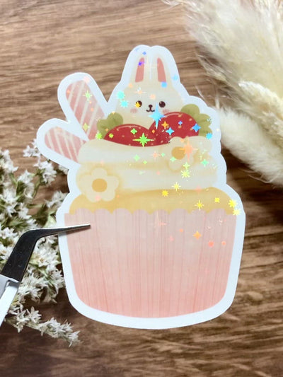 Rabbit and Strawberry Dessert Holographic Sticker